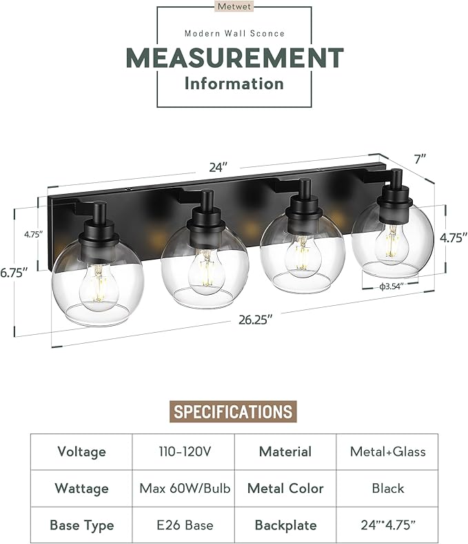 METWET Bathroom Light Fixtures, 4 Light Matte Black Vanity Light, 26 Inch