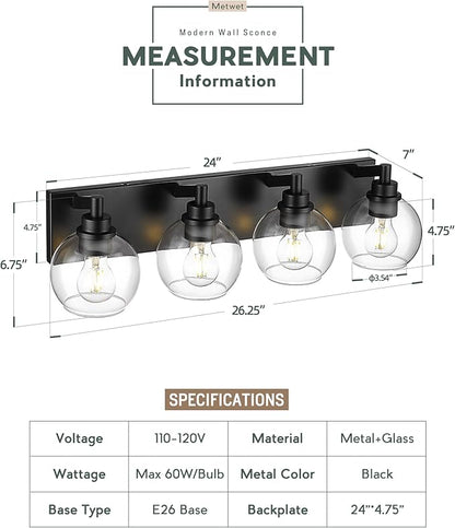 METWET Bathroom Light Fixtures, 4 Light Matte Black Vanity Light, 26 Inch