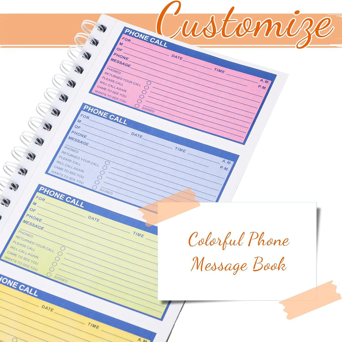 Fullhawl 2 Pcs Spiral Bound Phone Message Book 5-1/2" x 11" 2 Part Colorful Carbonless Message Pads 4 Messages Per Page Carbon Copy Notebook Spiral Phone Call Log Book for Business Office