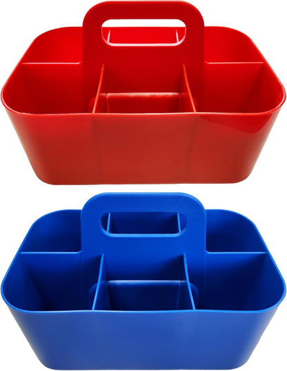 2 Pack Small 6 Compartment Multiuse Caddy Organizer with Handle Art Craft Supplies, Office, Desk, Stationery Pen Holder Stackable- Made In USA (Red/Blue)