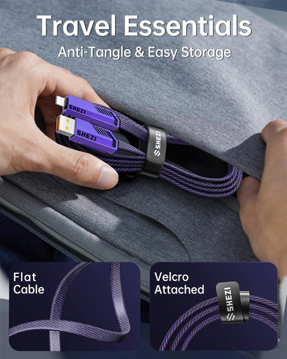 SHEZI [Upgraded 2.0] 4-in-1 Long USB C Cable 60W 10FT Fast Charging [480Mbps Data Sync] Flat Nylon Braided Charger Cord Combo, USB A/C to C/L Multi Charge Cable for iPhone/iPad & Most Devices, Purple