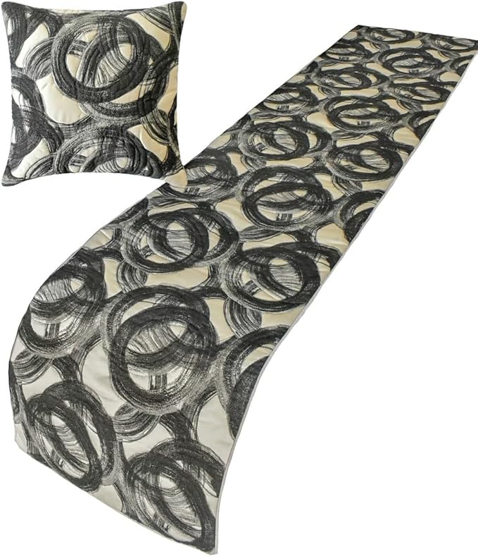 The HomeCentric King/Queen/Twin Black Designer CA King 86"x18" Bed Runner with 2 Pillow Cover, Circle, Rings, Quilted Bed Scarf on Jacquard Fabric - Circlewise
