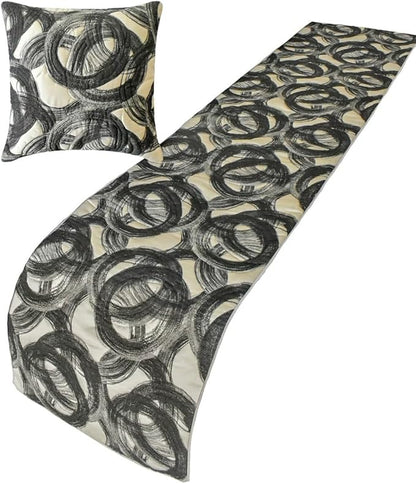 The HomeCentric King/Queen/Twin Black Designer CA King 86"x18" Bed Runner with 2 Pillow Cover, Circle, Rings, Quilted Bed Scarf on Jacquard Fabric - Circlewise
