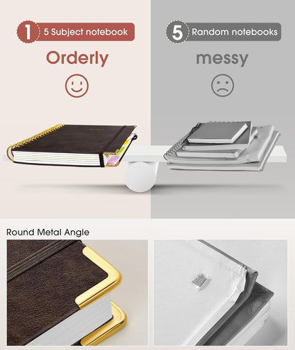 Hardcover Spiral Notebook journal with Removable Dividers Tabs, 300 Pages Leather 5 Subject Notebook College Ruled, 100GMS A5 Notebooks for Work School Note taking,Lined Journal for Women,A5 Brown