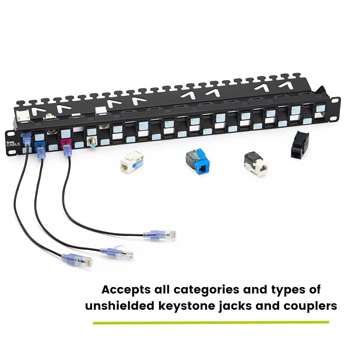 trueCABLE 3-D Staggered 24 Port 19” Toolless Modular Patch Panel, Unshielded, Blank, 1U Rack Mount, with Cable Management Bar, High Density, Black