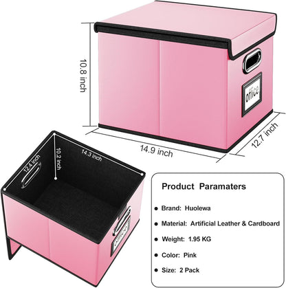 Huolewa Portable Leather File Organizer Storage Boxes, Collapsible File Folder Organizer Boxes with Lids, Document Organizer, Decorative Filing Box Cabinet for Letter/Legal File Folder Storage