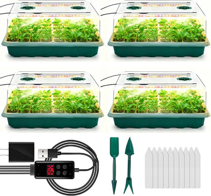 Seed Starter Tray with Grow Light, 192-Cell Seed Starter Kit, Seedling Starter Trays with Humidity Domes, Automatic Timer, Adjustable Light Indoor Gardening Plant Germination Trays
