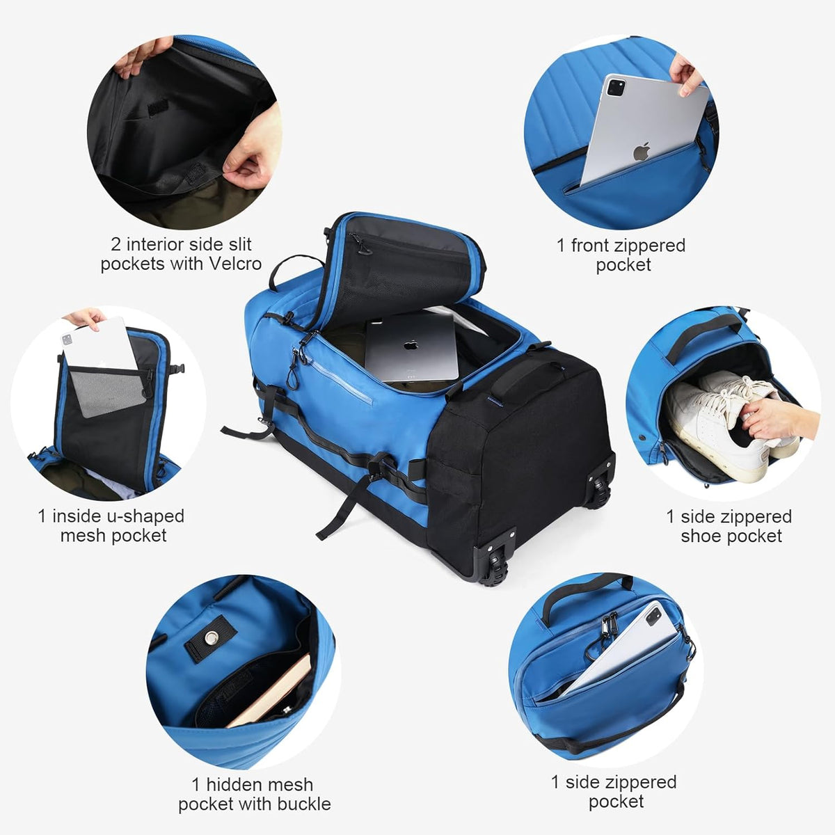 Vomgomfom 86L Collapsible Wheeled Luggage With Removable Backpack Straps,Waterproof Rolling Duffle Bag with Quilted Base,No Telescope Handle,Blue