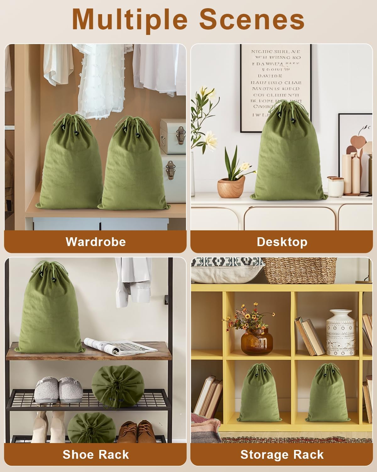 FantasyLife Shoe Bags for Travel, 4 PCS Washable Dust Bags for Storage & Packing, Flannel Shoe Pouch with Drawstring Closure for Purses, Handbags, Shoes & Toys (Sage Green)