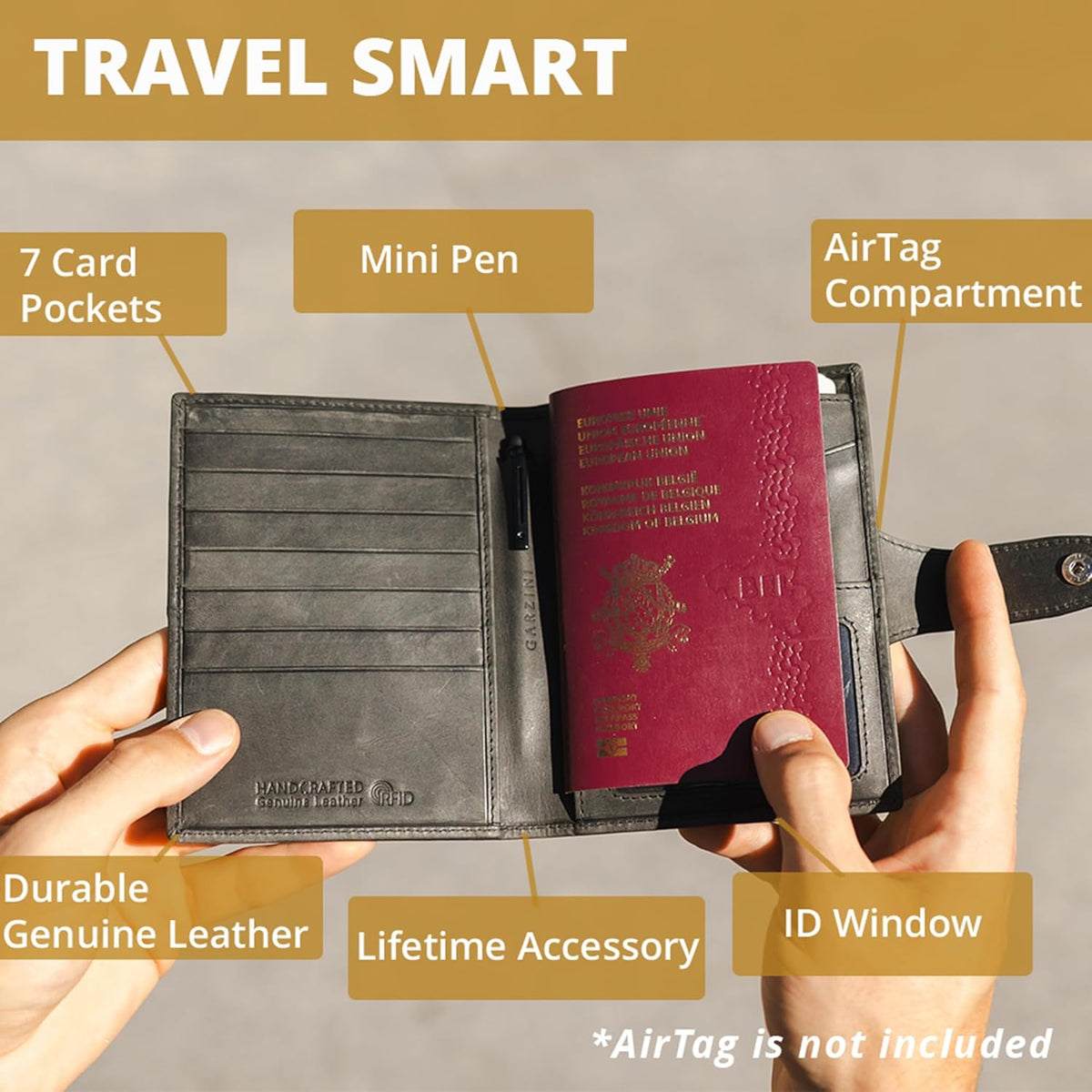 GARZINI Passport Holder with AirTag, Passport Wallet with RFID, Travel Accessories, Travel Document Holder with ID Window, Leather Passport Holder for 7 Cards, Java Brown