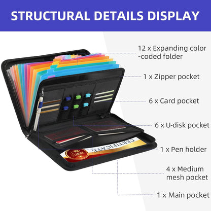 Versatile Fireproof Accordion File Organizer Document Bag for Important Document Organizer Color-Coded 13 Pocket, Letter Size Expanding File Folder with Label and Zipper Portable Safe Storage