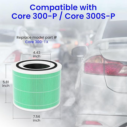2-Pack Core 300 Replacement Filter Compatible with LEVOIT Core 300 and Core 300S Air Purifier, H13 True HEPA, High-Efficiency Activated Carbon, Replace Core300-RF-TX, Green