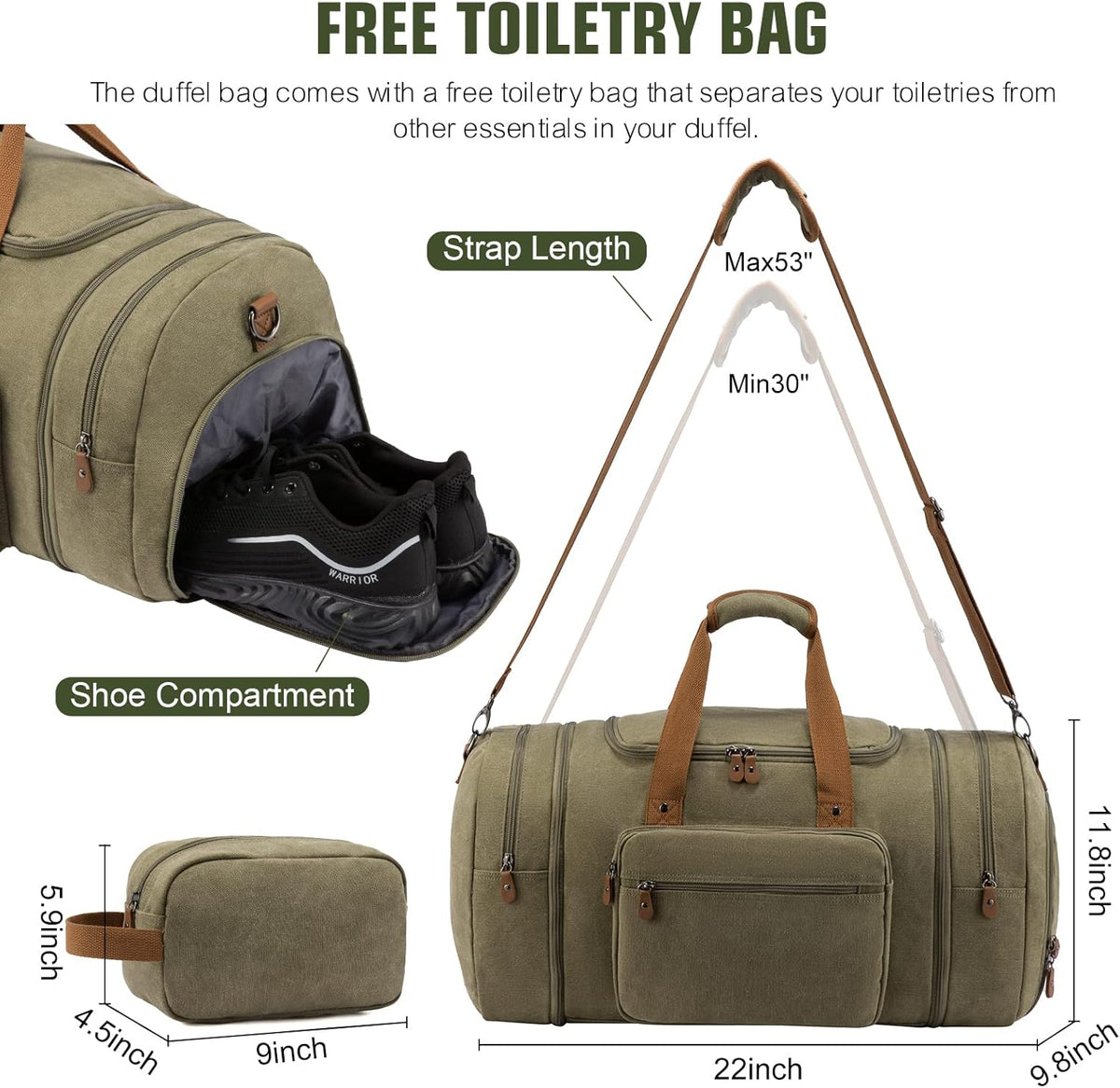 Sucipi Canvas Travel Duffel Bag for Men, Weekend Overnight Bag with Shoe Compartment and Toiletry Bag, Carry-On for Airplanes, Army green