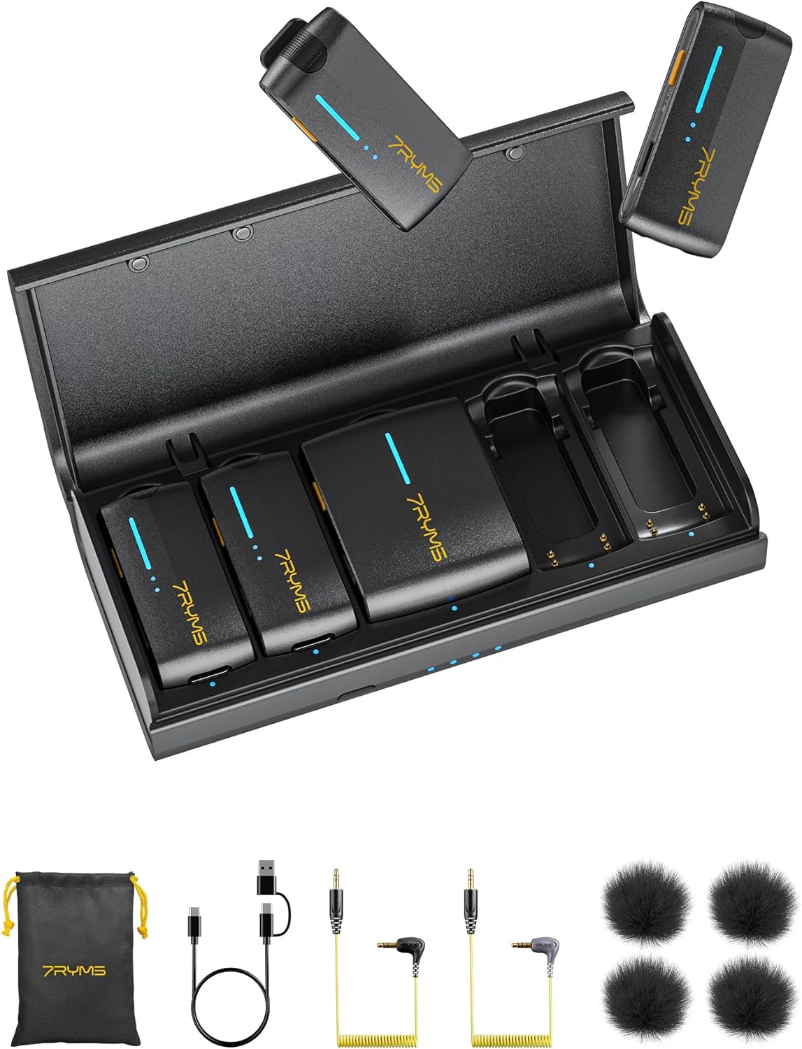 7RYMS iRay DW40 Wireless Lavalier Microphone System with 4 Transmitter, Noise Cancellation, 656ft Range, 12.5H Working, Lapel Mic for iPhone Android Camera PC, Podcast Live Streaming Interview