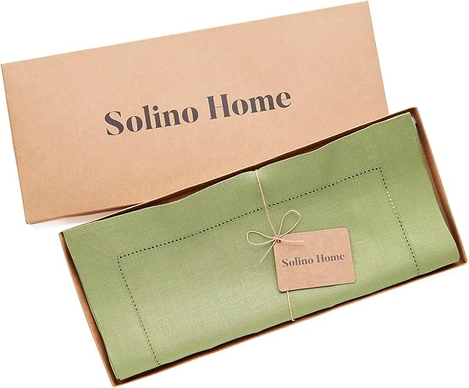 Solino Home Linen Moss Green Table Runner 156 Inches Long - 100% Pure Linen Extra Long Table Runner 14 x 156 Inch - Classic Hemstitch