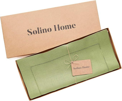 Solino Home Linen Moss Green Table Runner 156 Inches Long - 100% Pure Linen Extra Long Table Runner 14 x 156 Inch - Classic Hemstitch