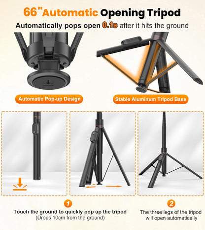 TONEOF 66" Automatic Tripod,Auto-Open Phone Tripod Stand with Magnetic Rechargable Remote,Selfie Stick Tripod 360° Vertical & Horizontal Rotatable,Stable Travel Tripod for iPhone/Android(Black)