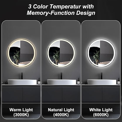 NEWBULIG 24 Inch Round LED Bathroom Wall Mirror with Lights, Light up Vanity Bathroom Mirror for Over Sink, Anti-Fog and Dimmable, Front Light and Backlit, Memory Function, Shatter-Proof, White