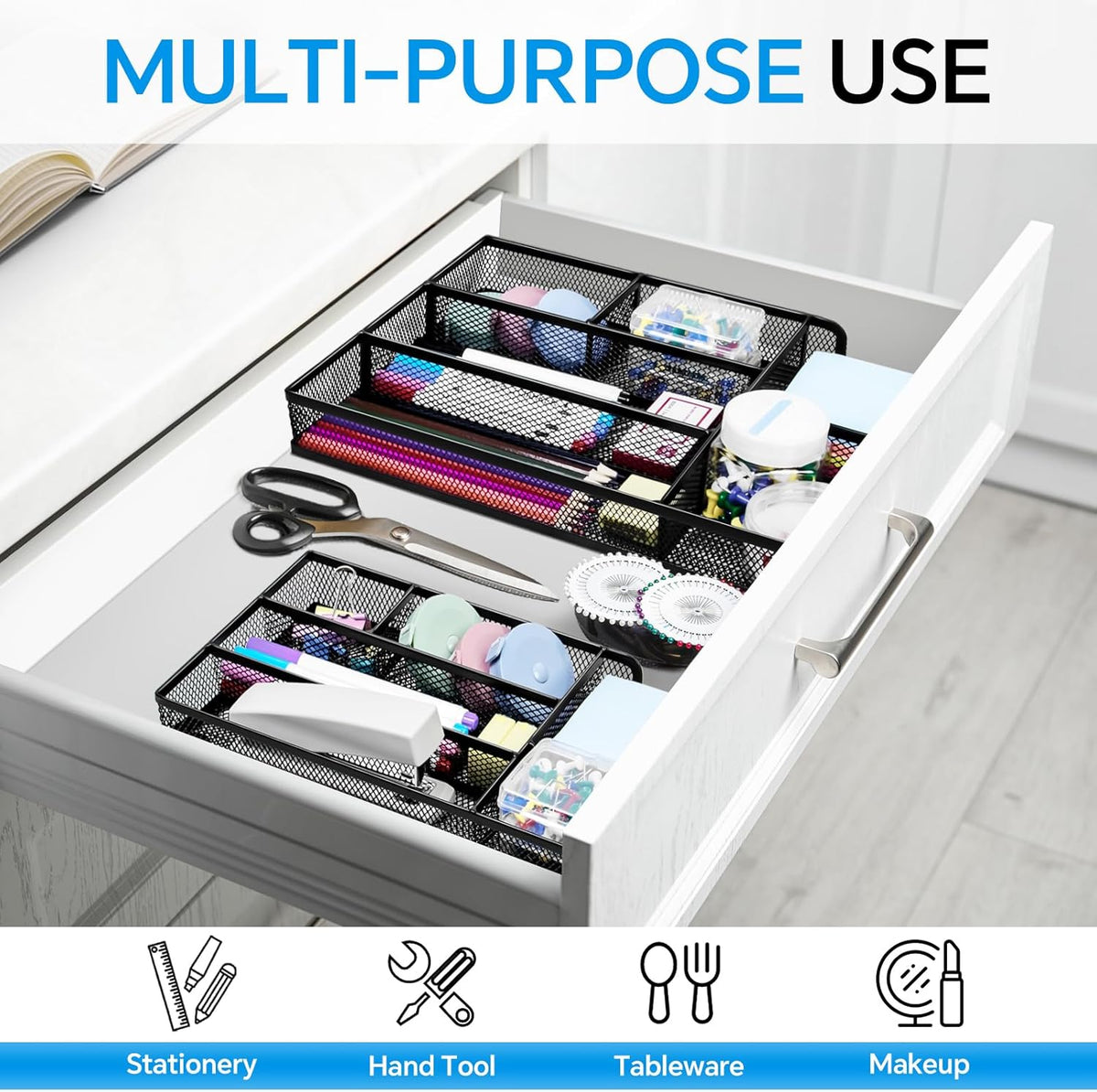 Desk Drawer Organizer, Office Drawer Divider Organizer Tray with 6 Compartments, Metal Mesh Desktop Organization and Accessories for Stationery Makeup Kitchen Toolroom School ＆Office, 12.6x8.27x1.6 in