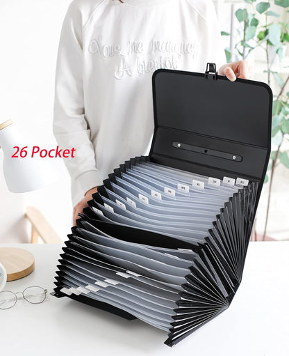 Expanding Accordion File Folder with Labels, 26 Pocket Document Organizer, Letter A4 Size, 1 Pack (Black)