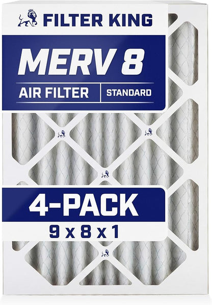 Filter King 9x8x1 Air Filter | 4-PACK | MERV 8 HVAC Pleated A/C Furnace Filters | MADE IN USA | Actual Size: 9 x 8 x .75"