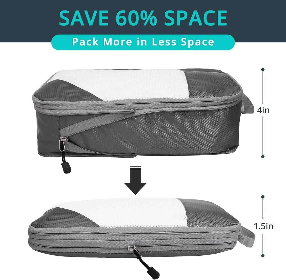 3 Set Compression Packing Cubes for Travel - Compressible, Lightweight, and Space-Saving Packing Cubes, Travel Essentials for Women, Grey