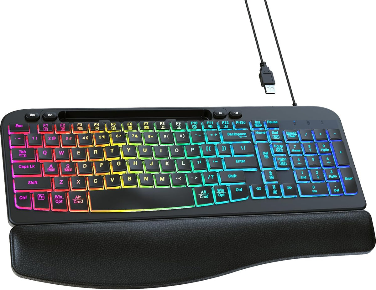 Ergonomic Backlit Keyboard with Wrist Rest, 7 Colors USB Wired Computer Keyboard, Wave Keys, with Phone/Tablet Holder, Comfortable Lighted Keyboard for PC, Windows and Mac