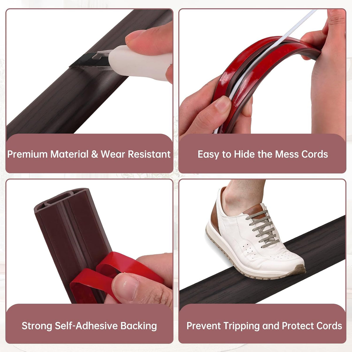 Floor Cord Cover Self Adhesive Cord Hider Floor Extension Cord Covers for Floor Power Cord Protector Cable Management Prevent Cable Trips Cable Cavity 0.32" W x 0.32" H (Dark Walnut, 20Ft)