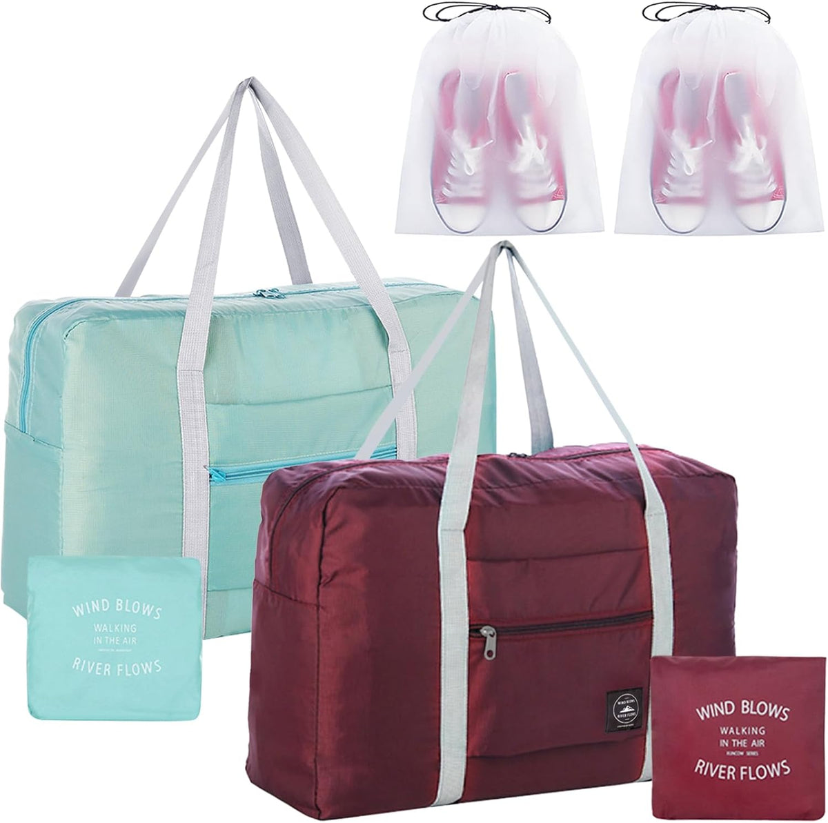 Travel Duffle Bag Tote Carry on Bag Nylon Lightweight Foldable Travel Bag Water Resistant Sports Gym Duffle Weekender Overnight Bag (Red+Green+2Pe bag)