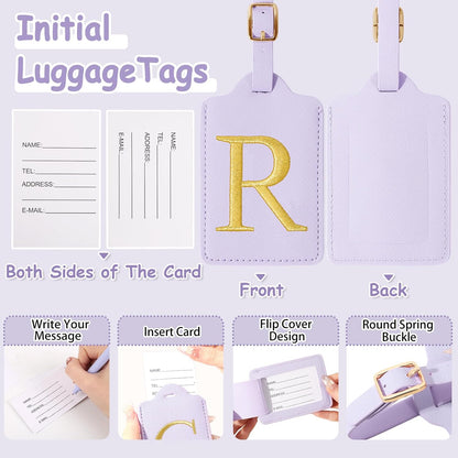 Personalized Initial Luggage Tags for Suitcases, Cute PU Leather Embroidered Letter Travel Luggage Tags, Suitcase Identifier Name Baggage Tag, Bag Tags for Men Women Kids Luggage Handbags(Purple R)