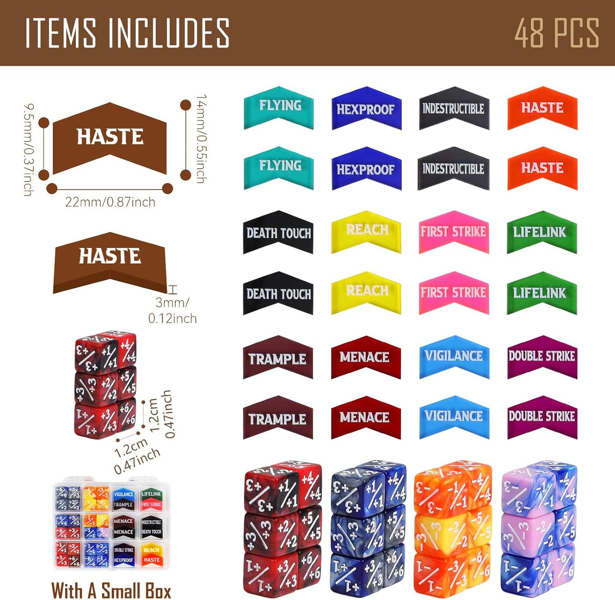 48PCS MTG Tokens & 12mm Dice Counter with Box, MTG Abilities Keyword Buff Tokens Life Counters Loyalty Dice for Magic The Gatering TCG Card Gaming Accessories CCG Creature Stats