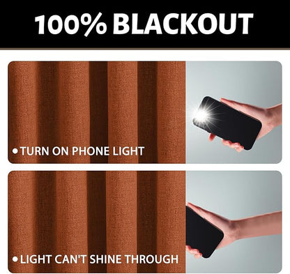 Yakamok Burnt Orange Linen Curtains 100% Blackout 72 Inches Long,Room Darkening Textured Curtains for Living Room Thermal Grommet Bedroom Curtains 2 Panels with White Liner