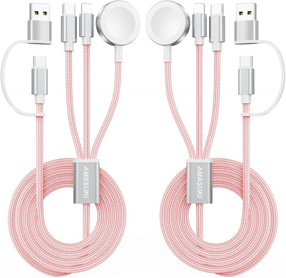 2Pack Pink-Travel Essentials 3 in 2 USB C Cable for Watch Charger Phone Charger USB C Multi Fast Charging Cable Compatible with Watch Ultra/SE/10/9/8/7/6/5/4/3/2/1 & Phone 16/15/14/Galaxy S23-4FT