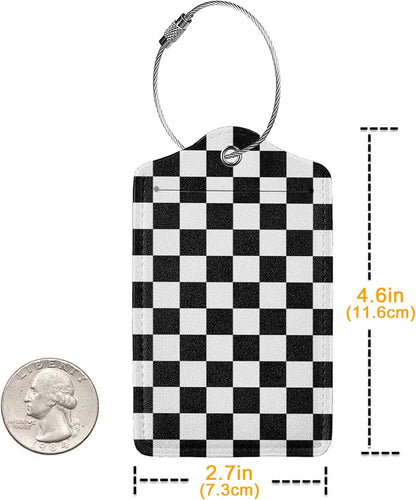 2 Pack Luggage Tags for Travel PU Leather Luggage Tag Name ID Labels with Privacy Cover for Suitcases Women Men Kids Girls (Black and White Grid)