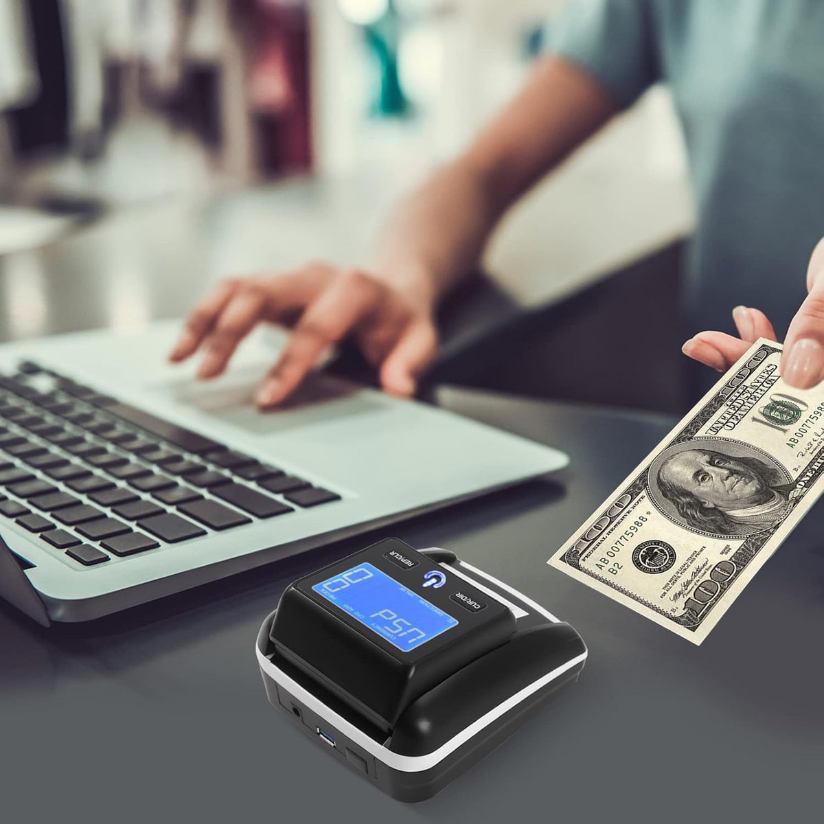 Portable Counterfeit Bill Money Detector Machine Modern Rechargeable Any Way Direction USD & EUR Counterfeit Bill Detector with Display Counterfeit Money Detector for Office Home Store, Black