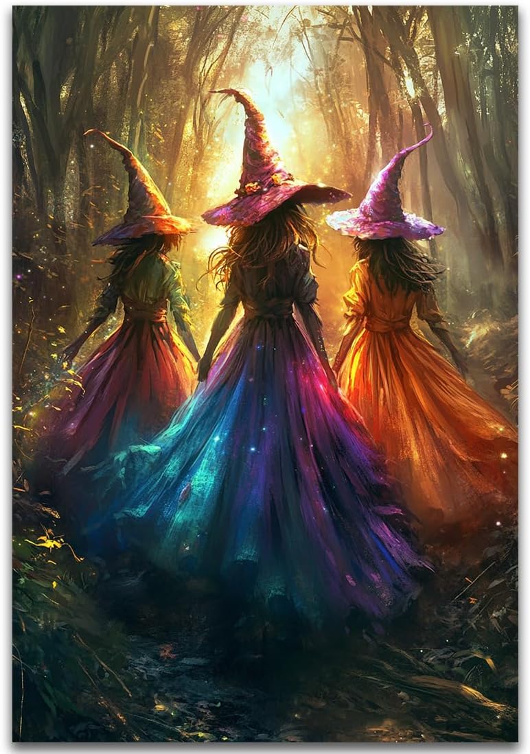 Halloween Room Decor Wall Art Colorful Witch Prints,Vintage Three Colorful Witches in Forest Halloween Posters,Fall Fantasy Aesthetic Pictures Playful Art Wall Decor for Bedroom,24"x36" Unframed