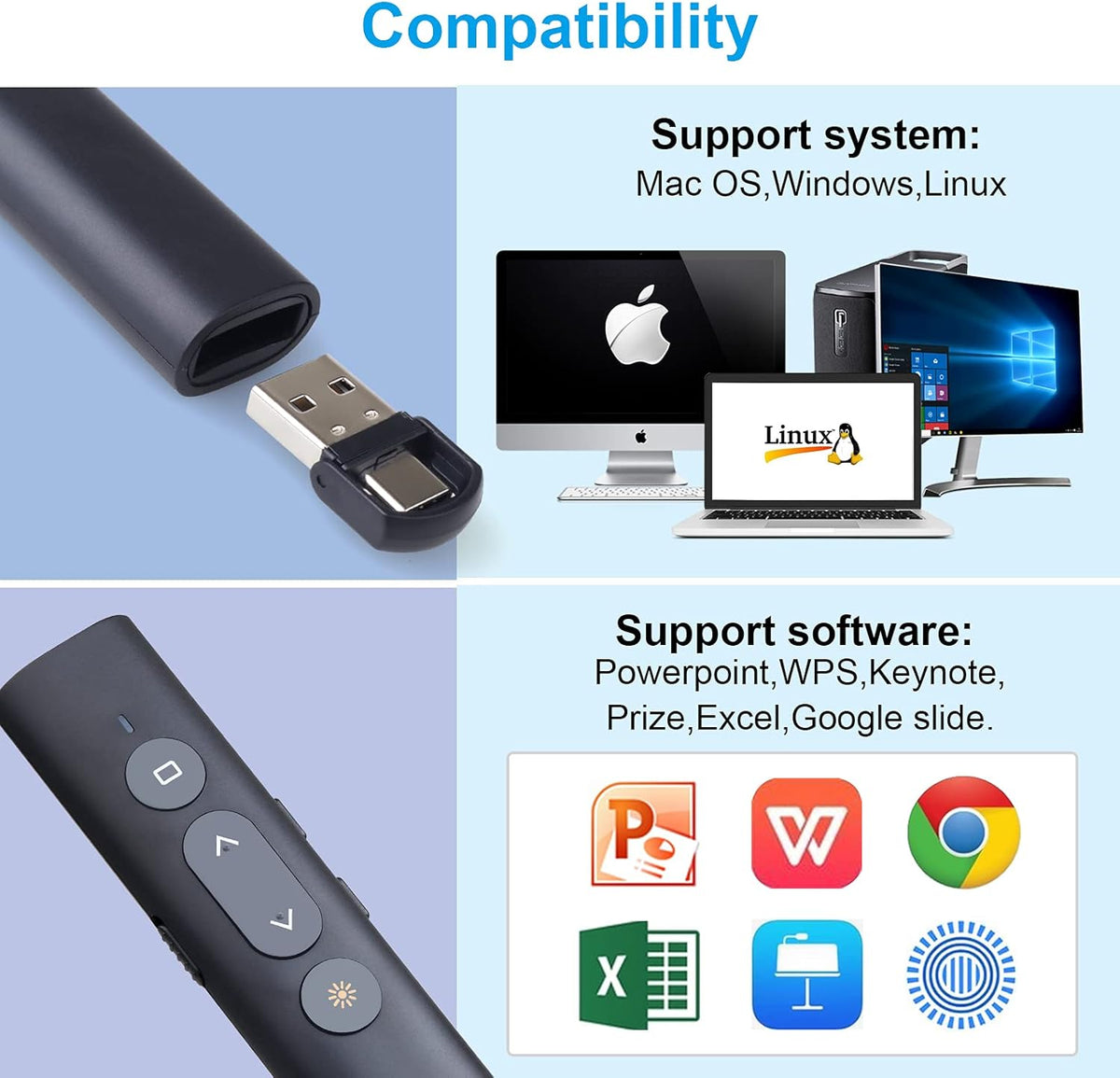 Presentation Clicker Presentation Remotes, Type C/USB A 2 in 1 Pointer, Remote PowerPoint Clicker,USB/Type-C for Computer Slide Advancer, Volume Control/Hyperlink/Switch Windows(Battery Included)