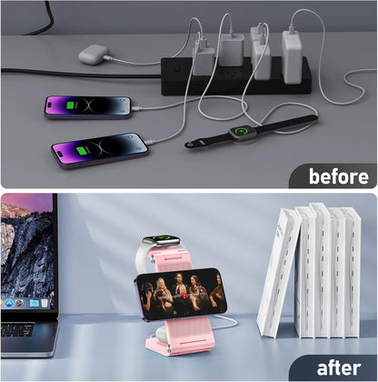 Magnetic Wireless Charger Stand, 3 in 1 Foldable Wireless Charging Station, Travel Charger for Multiple Devices for iPhone 16 15 14 13 12 Series, Apple Watch Ultra/SE/9/8/7/6/5/4/3/2, AirPods