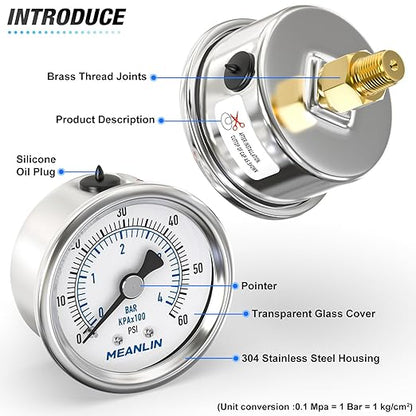 MEANLIN MEASURE 0~60Psi Dry Pressure Gauge Stainless Steel 1/8" NPT 2" FACE DIAL Waterproof for Pool Filter Pump Oil Air Compressor Tire Pressure Tester Back Mount with 1/4"NPT and 3/8"NPT Hex Bushing