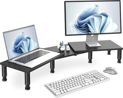 AX WABER Dual Monitor Stand Riser, Monitor Stand with Adjustable Height Steel leg, Wood Monitor Stand for Desk, Monitor Riser for 2 Monitors with Storage Space Black