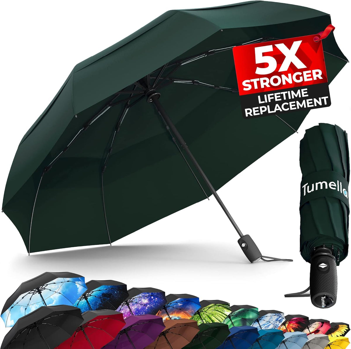 TUMELLA Strongest Windproof Travel Umbrella (Compact, Superior & Beautiful), Small Strong but Light Portable and Automatic Folding Rain Umbrella, Durable Premium Grip, Fits Car & Backpack