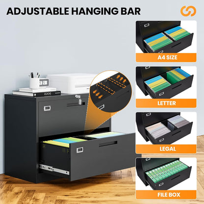 2 Drawer File Cabinets for Home Office, Metal Filing Cabinet with Lock, Black Locking File Caninet Two Drawer, Office Storage Caninets Steel Cabnet for Letter/Legal/A4/F4-Assembly Required
