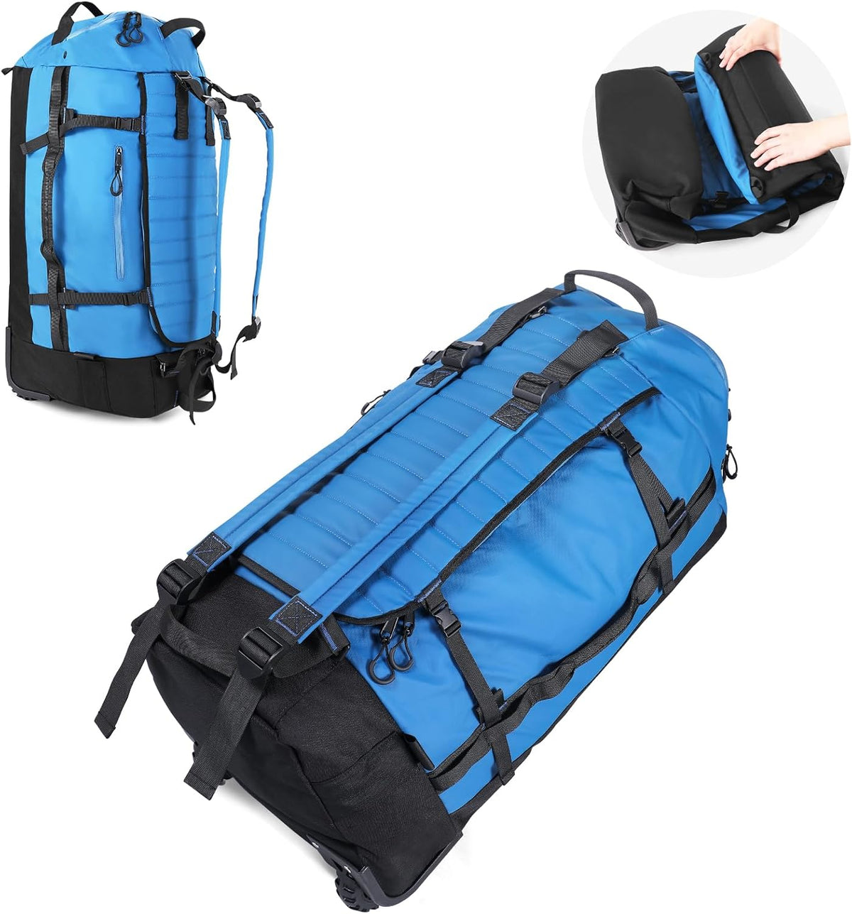Vomgomfom 86L Collapsible Wheeled Luggage With Removable Backpack Straps,Waterproof Rolling Duffle Bag with Quilted Base,No Telescope Handle,Blue