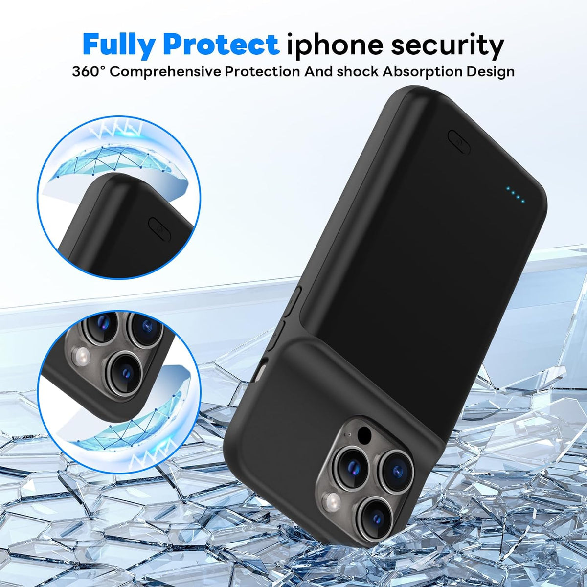 Battery Case for iPhone 16 Pro (6.3 inch),Charging Case Charger Ultra-Slim 7000mAh Rechargeable Portable Extended Charger Case Cover w/Tempered-Glass Protector - Black