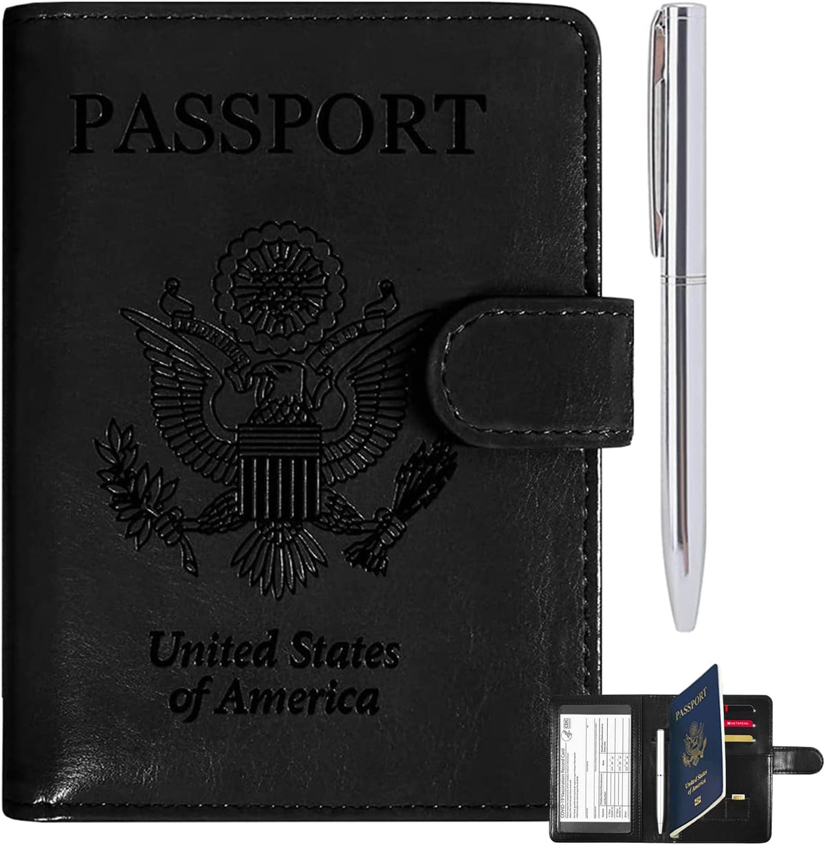 RSAquar Unisex Faux Leather Passport and Vaccine Card Holder Combo, Black, Slim and Lightweight with RFID Blocking Technology