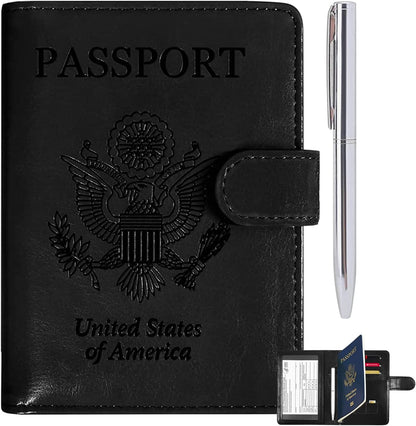 RSAquar Unisex Faux Leather Passport and Vaccine Card Holder Combo, Black, Slim and Lightweight with RFID Blocking Technology