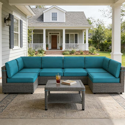 14 Pcs Outdoor Replacement Cushions for Patio Furniture, All Weather Water Resistant Cushion for 6 Seat Rattan Wicker Sectional Patio Conversation Sets and Couch (Turquoise)