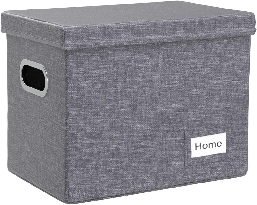 PRANDOM File Organizer Box - Set of 1 Collapsible Decorative Linen Filing Storage Hanging File Folders with Lids Office Cabinet Letter Size Grey (14x9.3x10.8 inch)