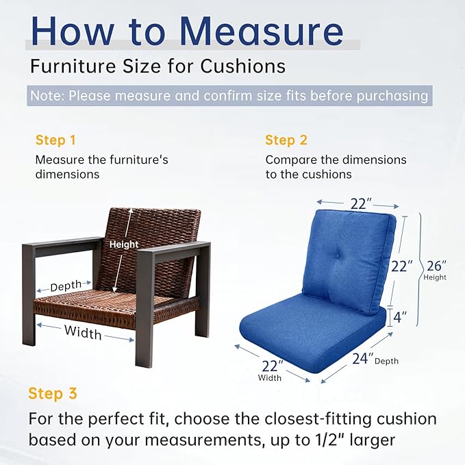 Belord Luxury 4" Thick Outdoor Cushion 8 Set - 22 x24 Inch 28D Sponge Filling Fade-Resistant Chair Cushion, Spill Proof Removable Patio Furniture Replacement Cushions for Sofa Bench Swing - Blue
