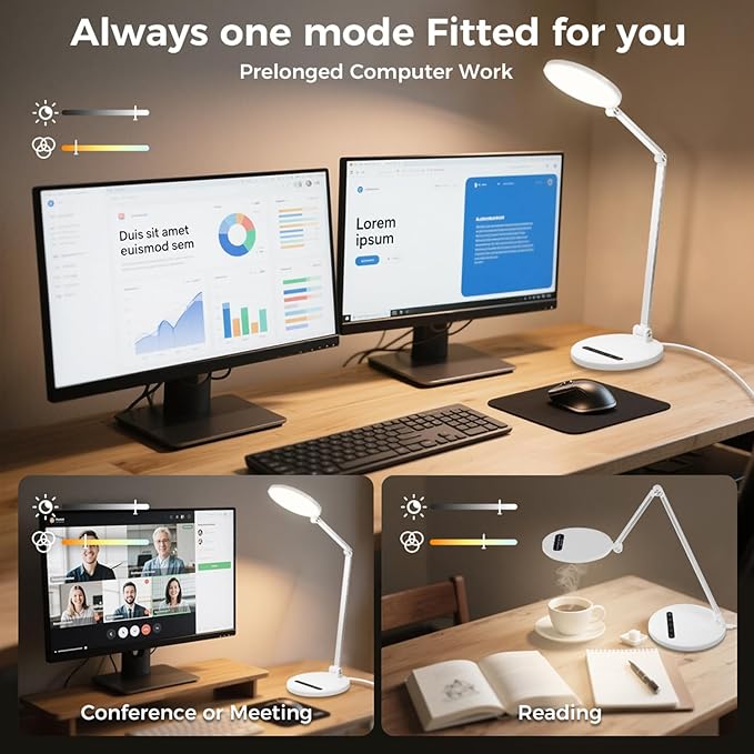 LED Desk Lamp for Home Office, Eye-Caring Desk Light for Video Call, Dimmable 3